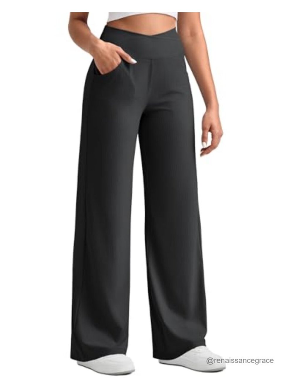 Ribbed Wide Leg Yoga Pants Stretchy Breathable Cross Waist with Pockets